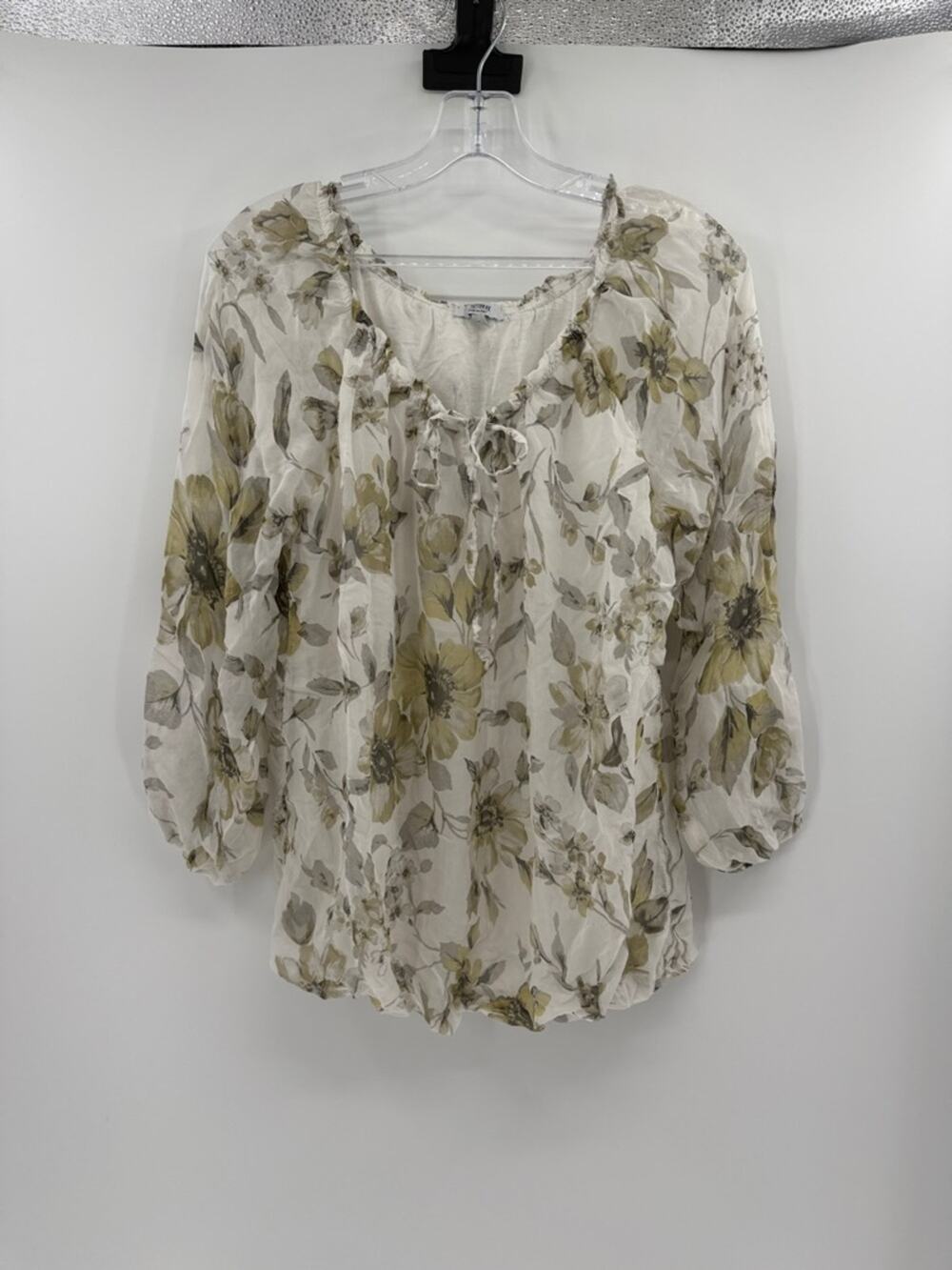 Rosemarine Women's 100% Silk Bubble Hem Floral Blouse - White - Large